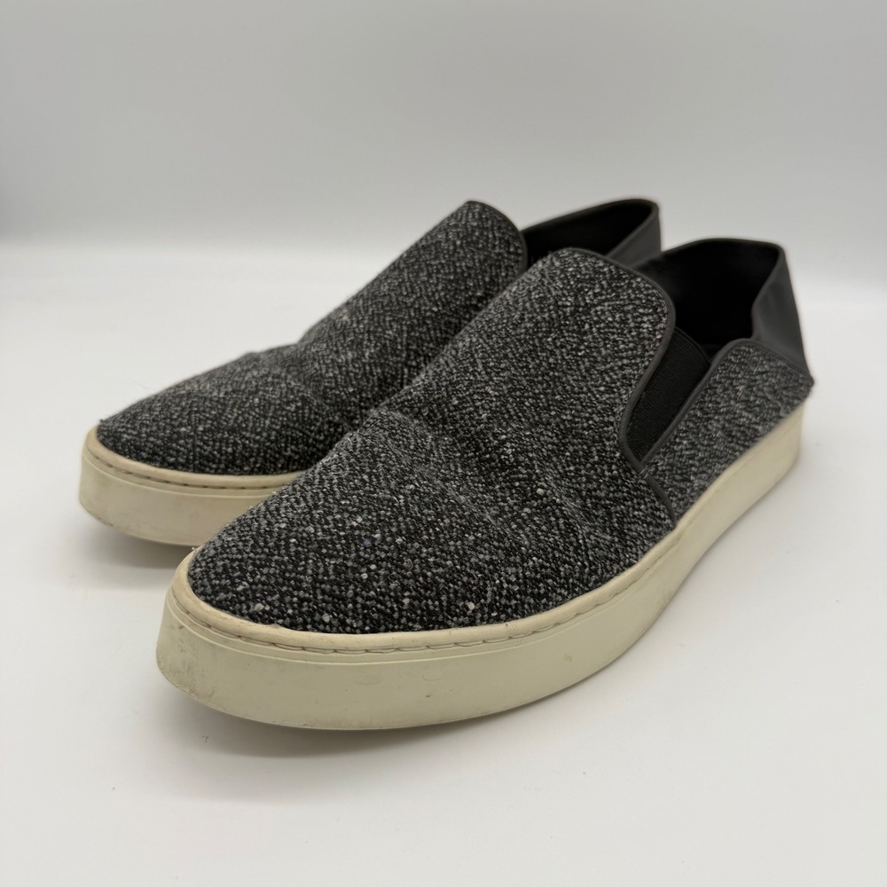 Vince Blair Tweed Leather Slip On Sneakers Black White Grey Size 7.5M